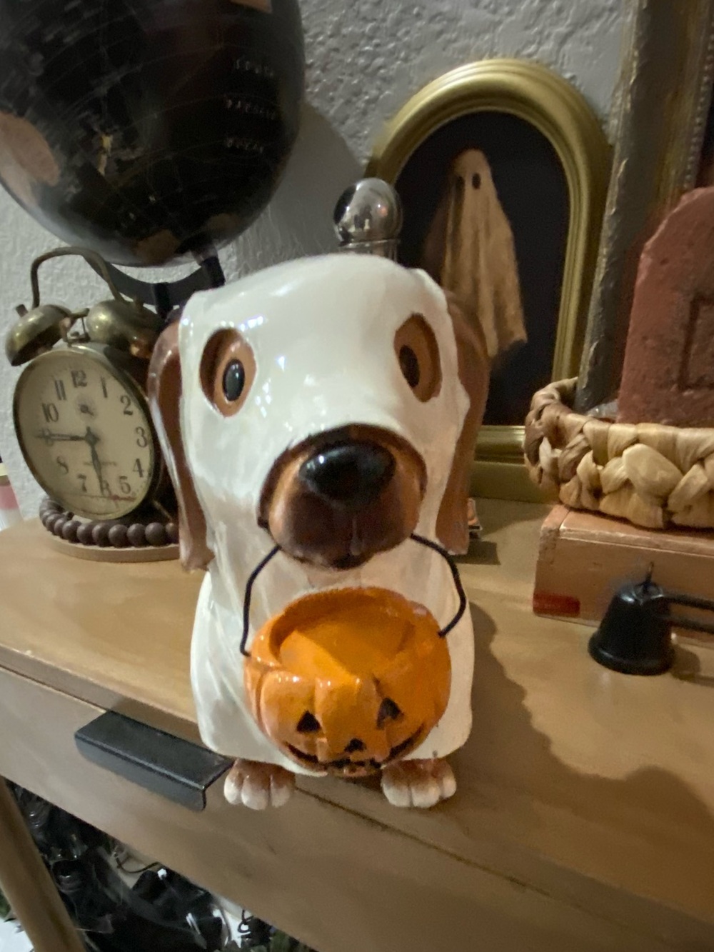Ceramic dachshund with Pumpkin Candy Holder in mouth- White and Orange